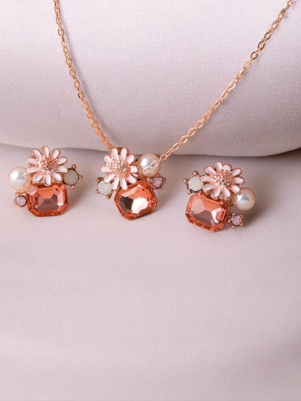 Boho Pearl & Sunflower Necklace Earring Set Peach Rhinestone Rose Gold